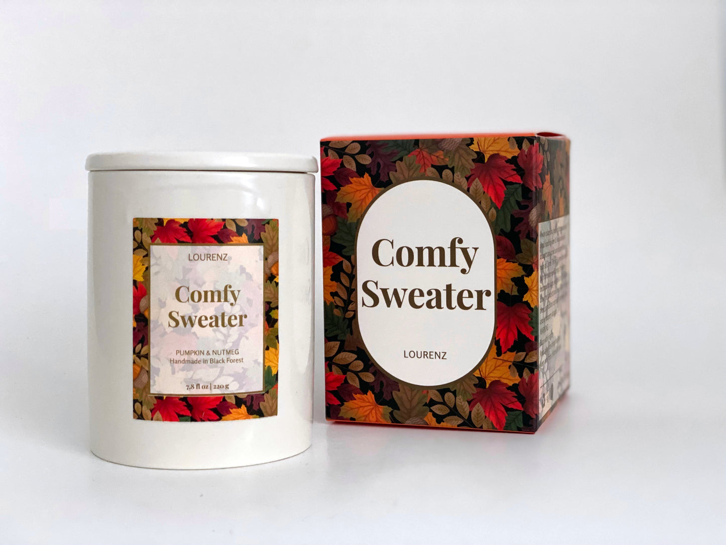 LOURENZ Comfy Sweater scented candle pumpkin nutmeg and vanilla with wooden wick and lid